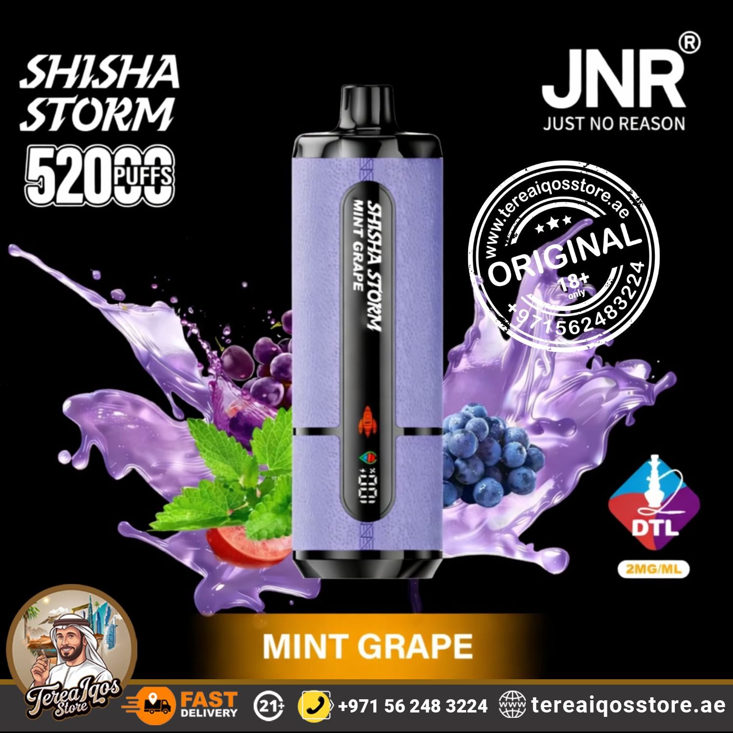 Vape device with 'Shisha Storm' and 'JNR' branding on a black background with colorful graphics.