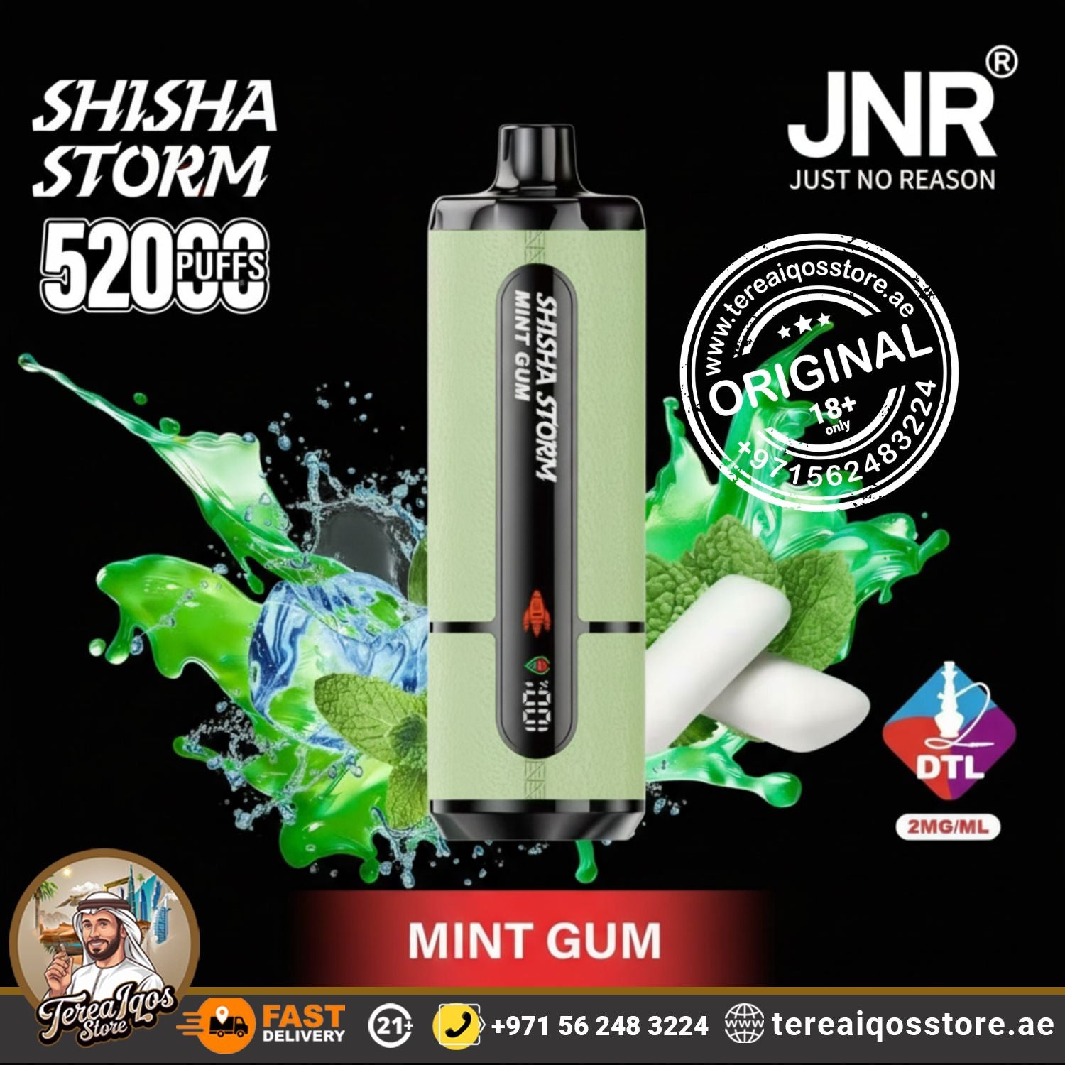 Shisha Storm vape device with mint gum flavor on a black background, featuring JNR branding.