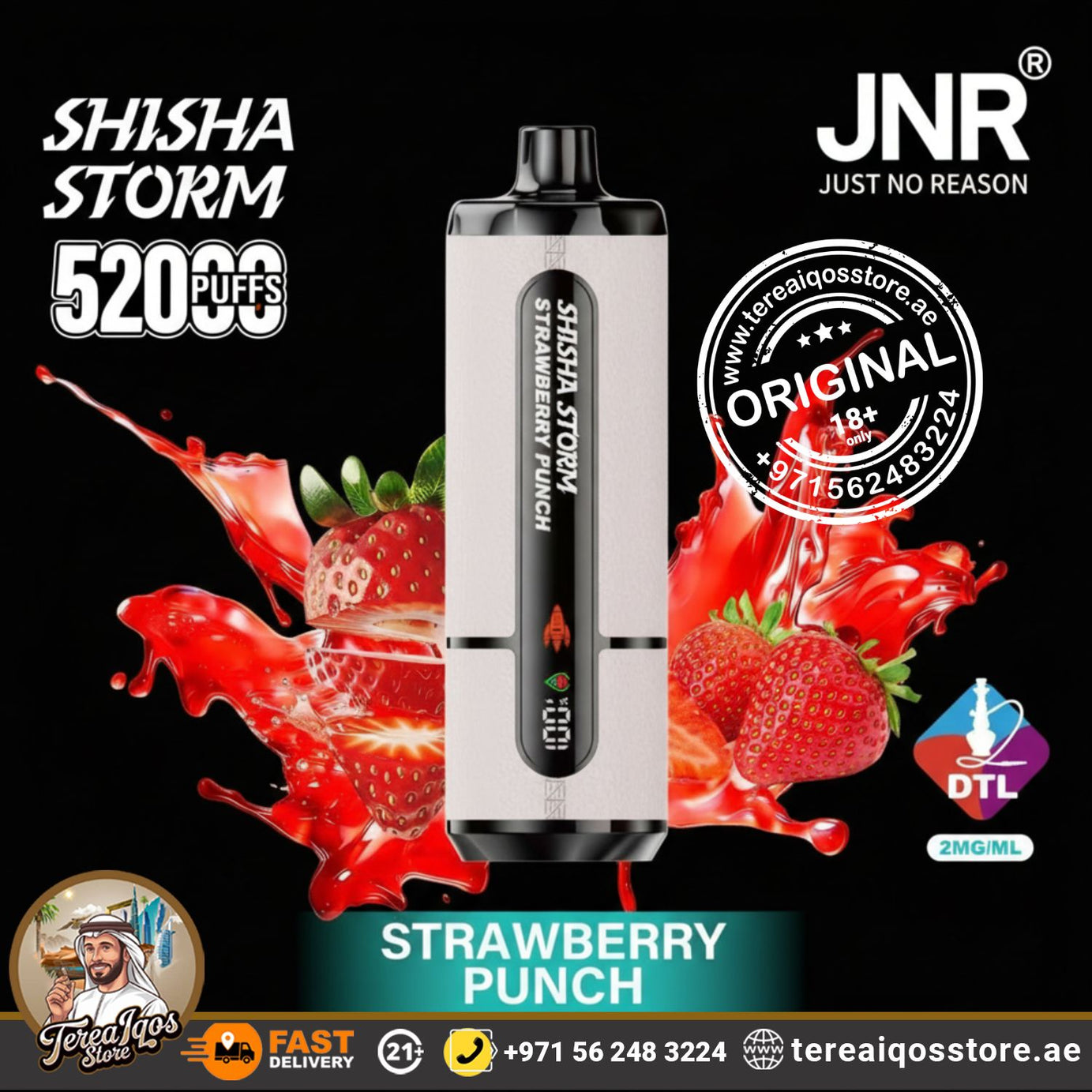 Vape device with strawberry flavor on a black background, featuring JNR branding.