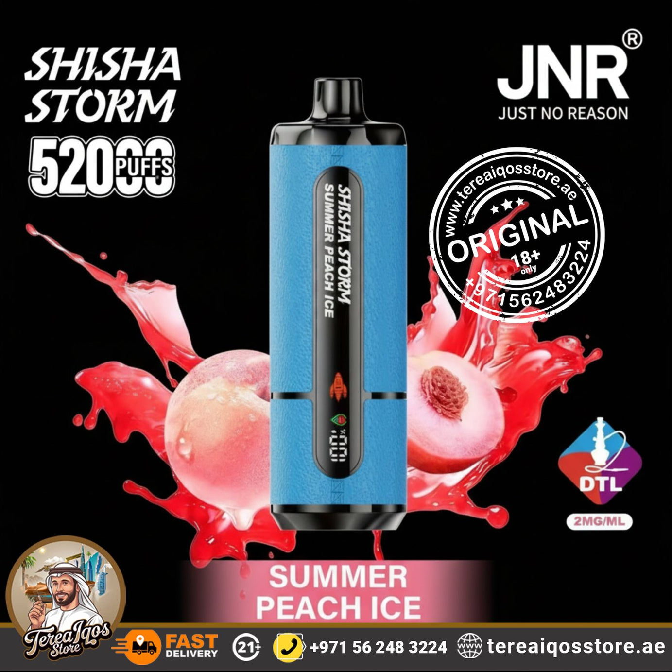 Shisha Storm vape device with 'Summer Peach Ice' flavor on a black background, featuring JNR branding.