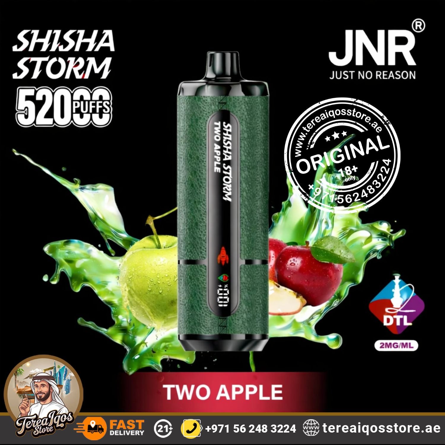 Vape device with 'Shisha Storm' and 'JNR' branding, surrounded by apples and water splashes on a black background.