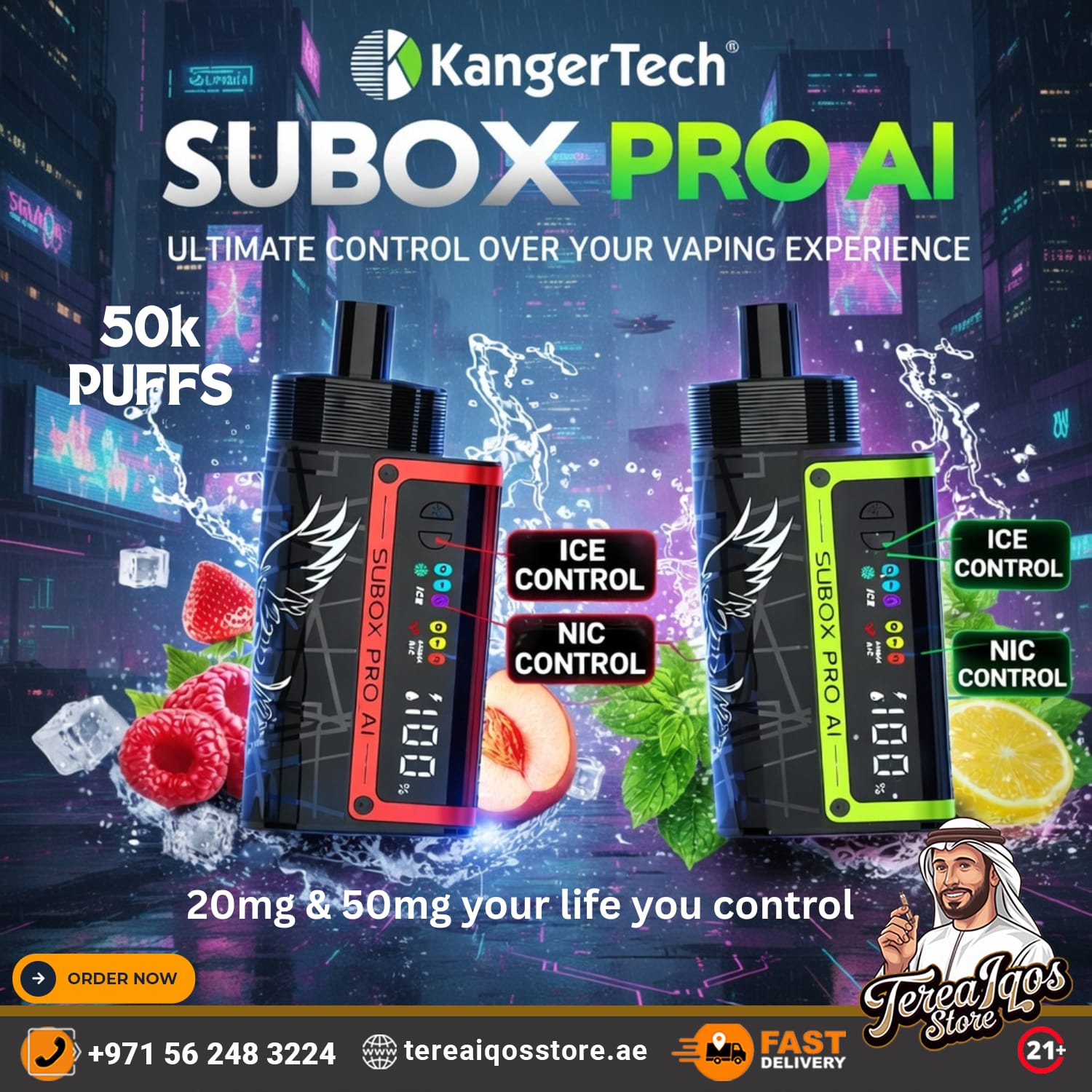 KangerTech SUBOX PRO AI vaping device with colorful design and text on a vibrant background.
