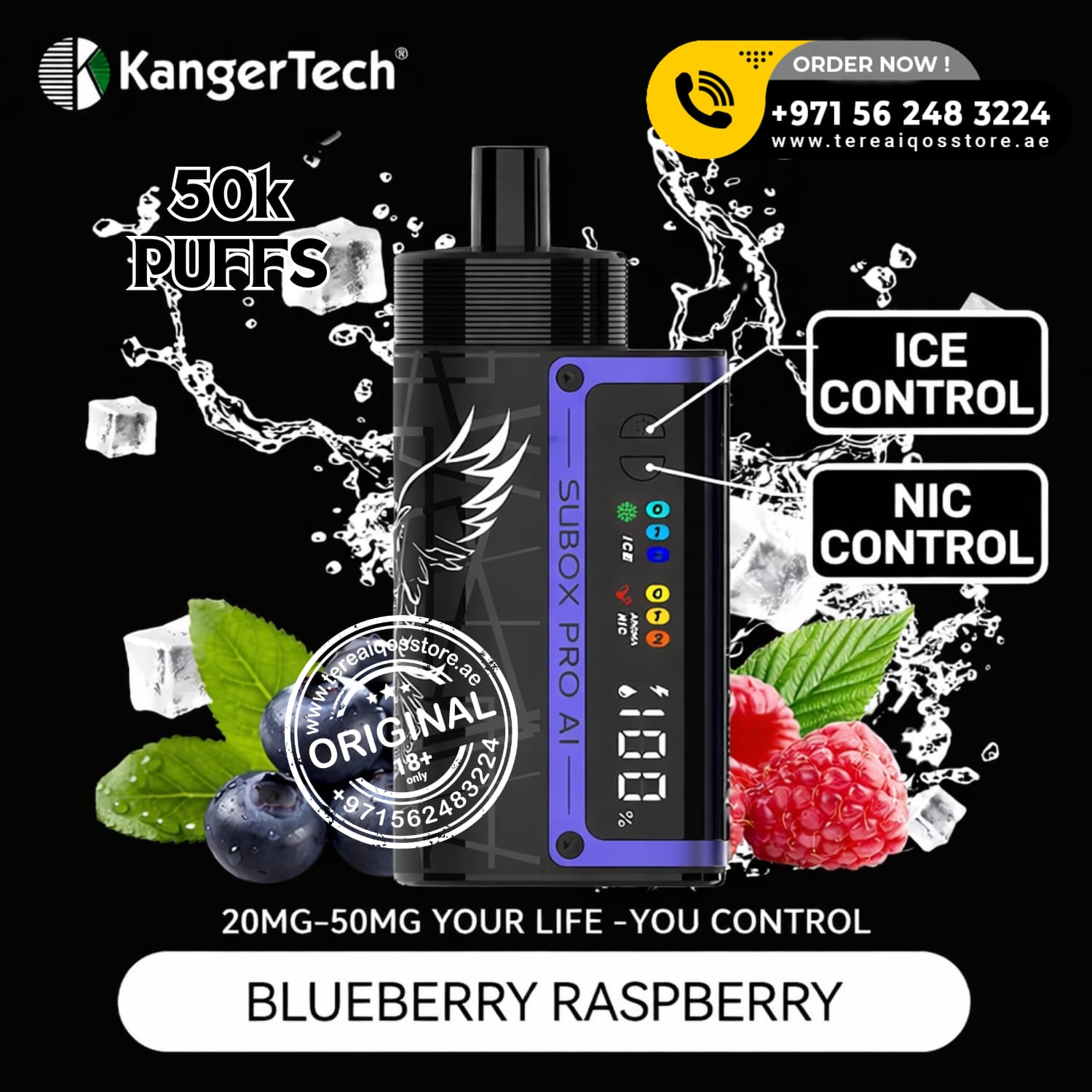 KangerTech vape device with ice and berry graphics on a black background