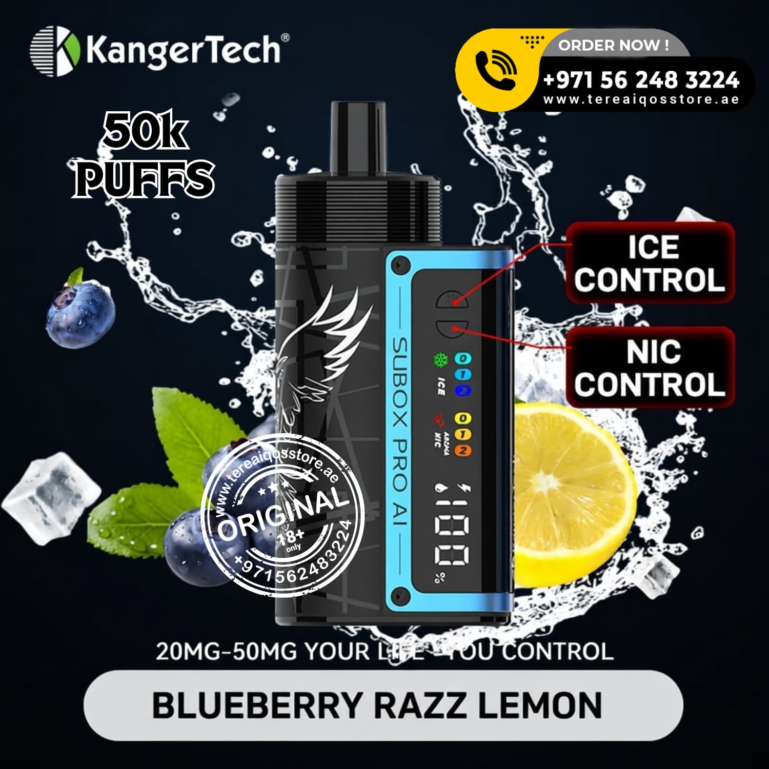 Vape device with control labels and promotional text on a dark background
