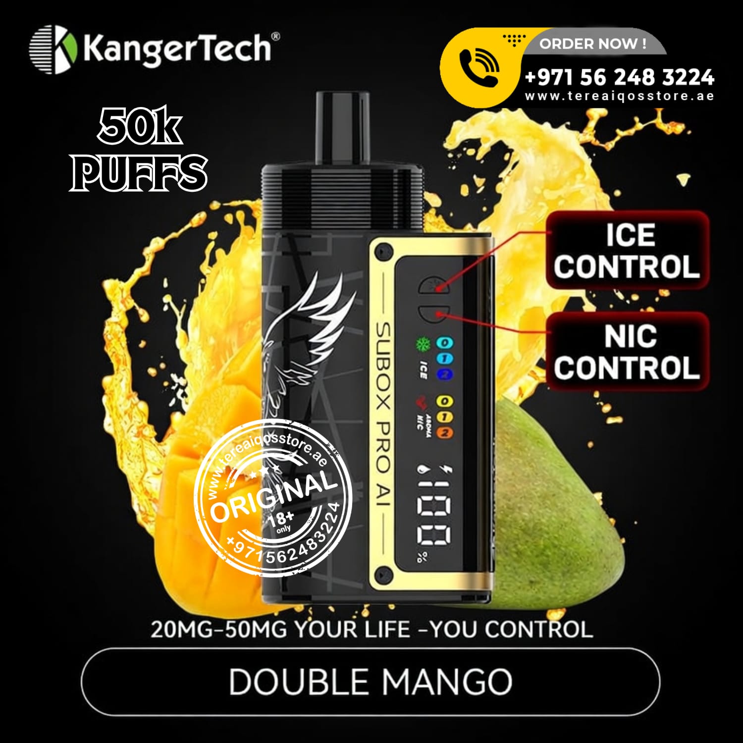 KangerTech vape device with ice control and nic control features on a black background.