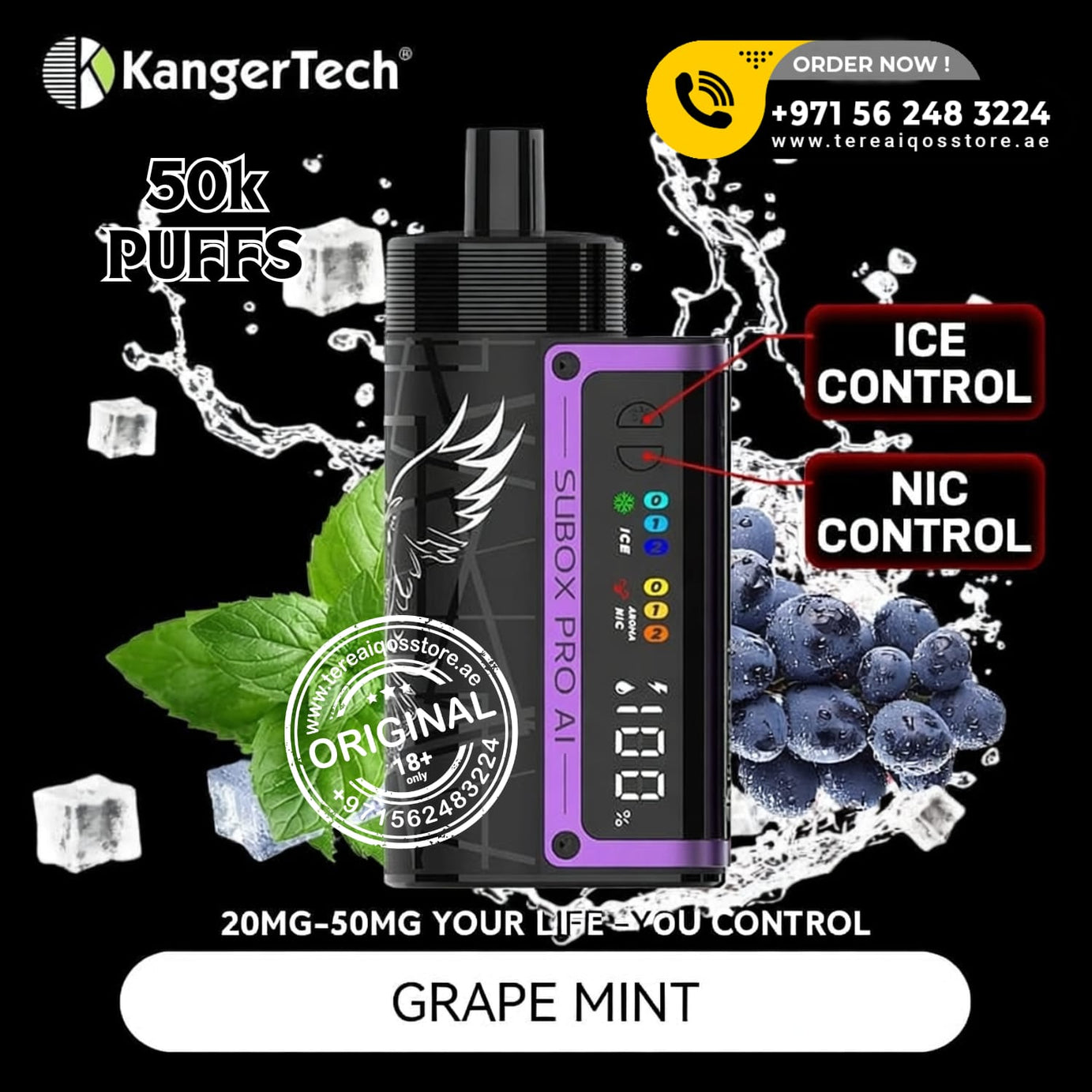KangerTech vape device with ice and grape mint elements on a black background