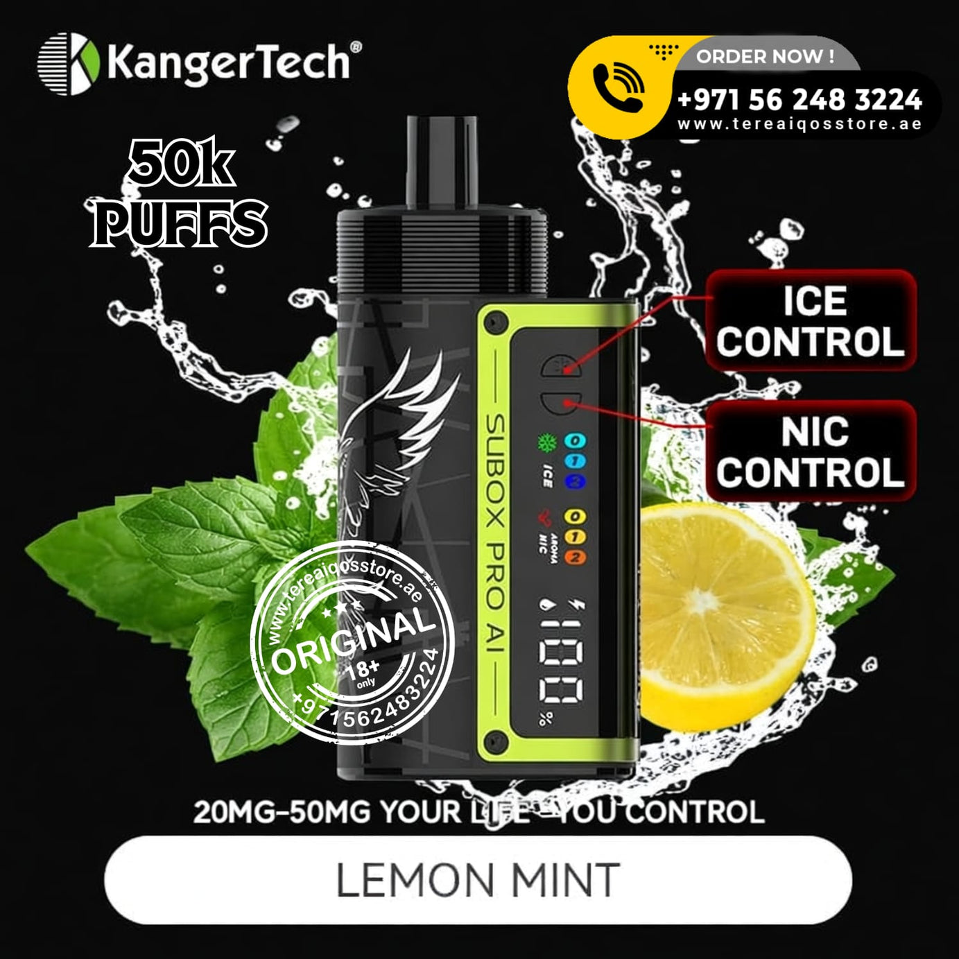 KangerTech vape device with lemon and mint leaves on a black background