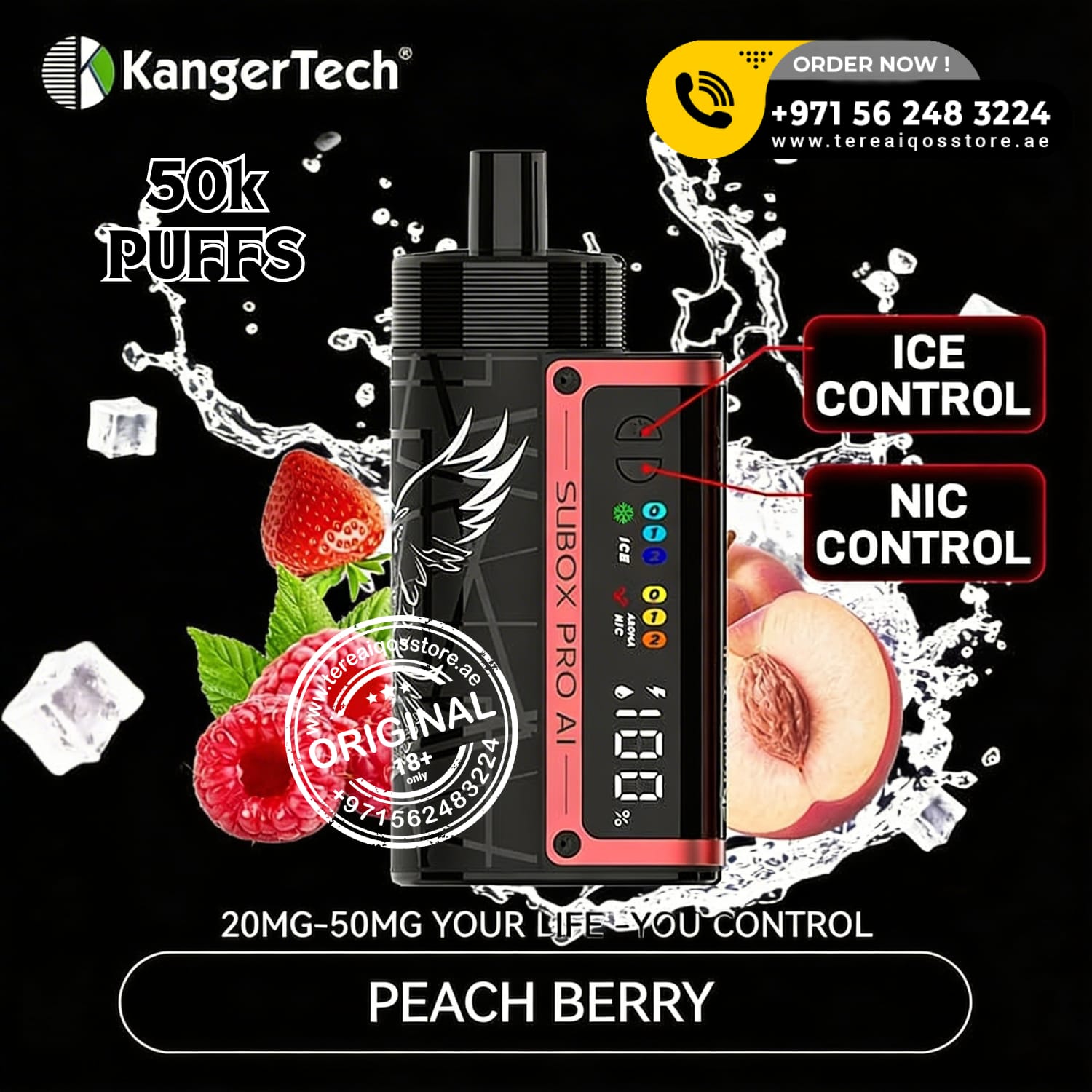 KangerTech vape device with ice and fruit graphics on a black background
