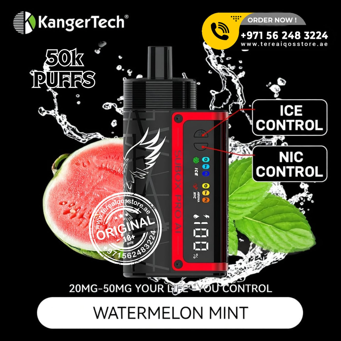 Vape device with watermelon and mint elements on a black background, featuring KangerTech branding.
