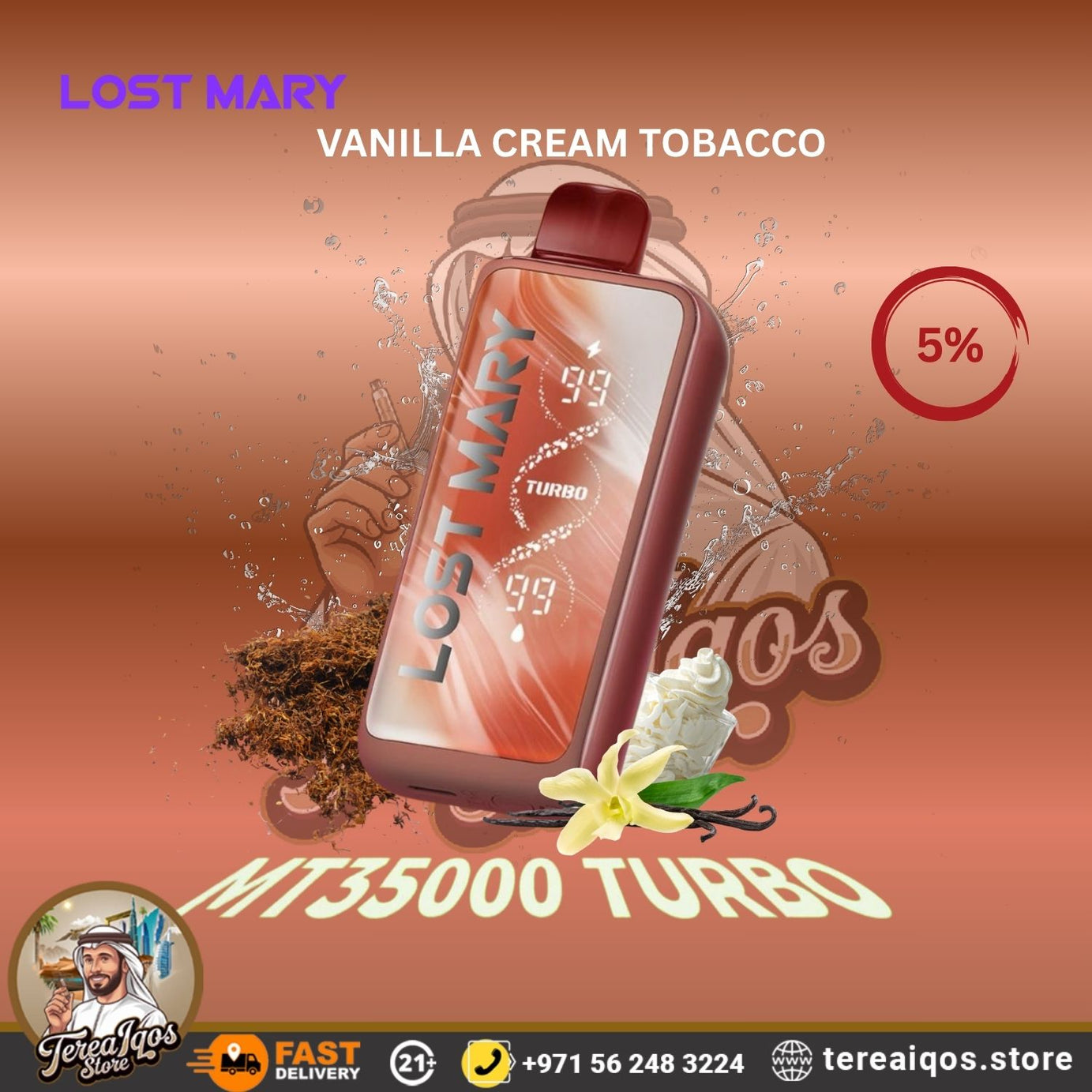 Lost Mary MT35000 Turbo vape device with vanilla cream tobacco flavor .