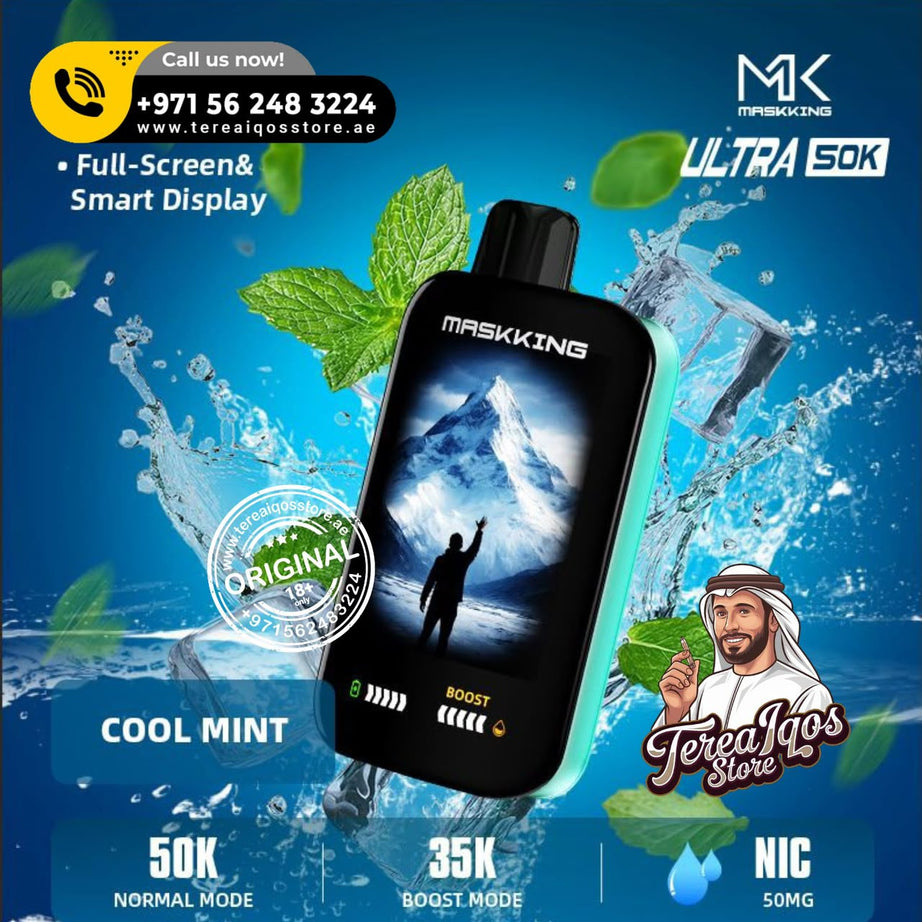 Maskking Ultra 50K disposable vape device in Cool Mint flavor, shown against a dynamic blue water splash background with mint leaves. The image includes promotional text, a TereaQs Store logo, and a cartoon character.