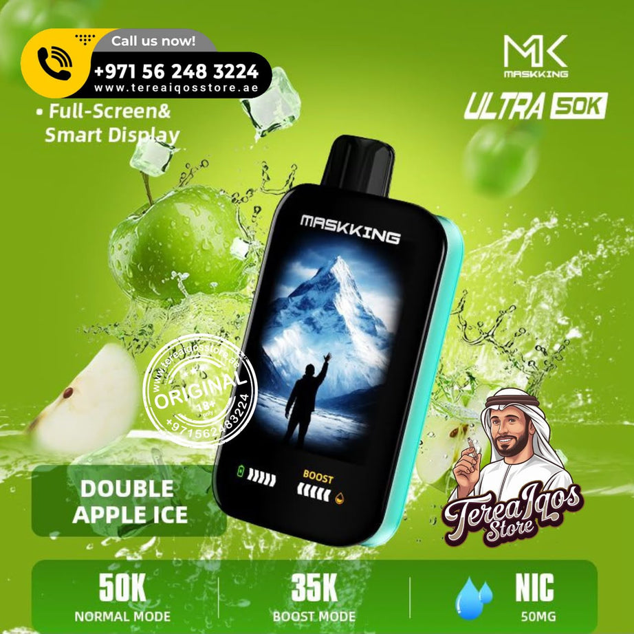 A Maskking Ultra 50K disposable vape device in Apple Ice flavor, shown against a green splash background with apple graphics and promotional text. The device has a black face with a turquoise side frame and displays an ice mountain scene on its screen.