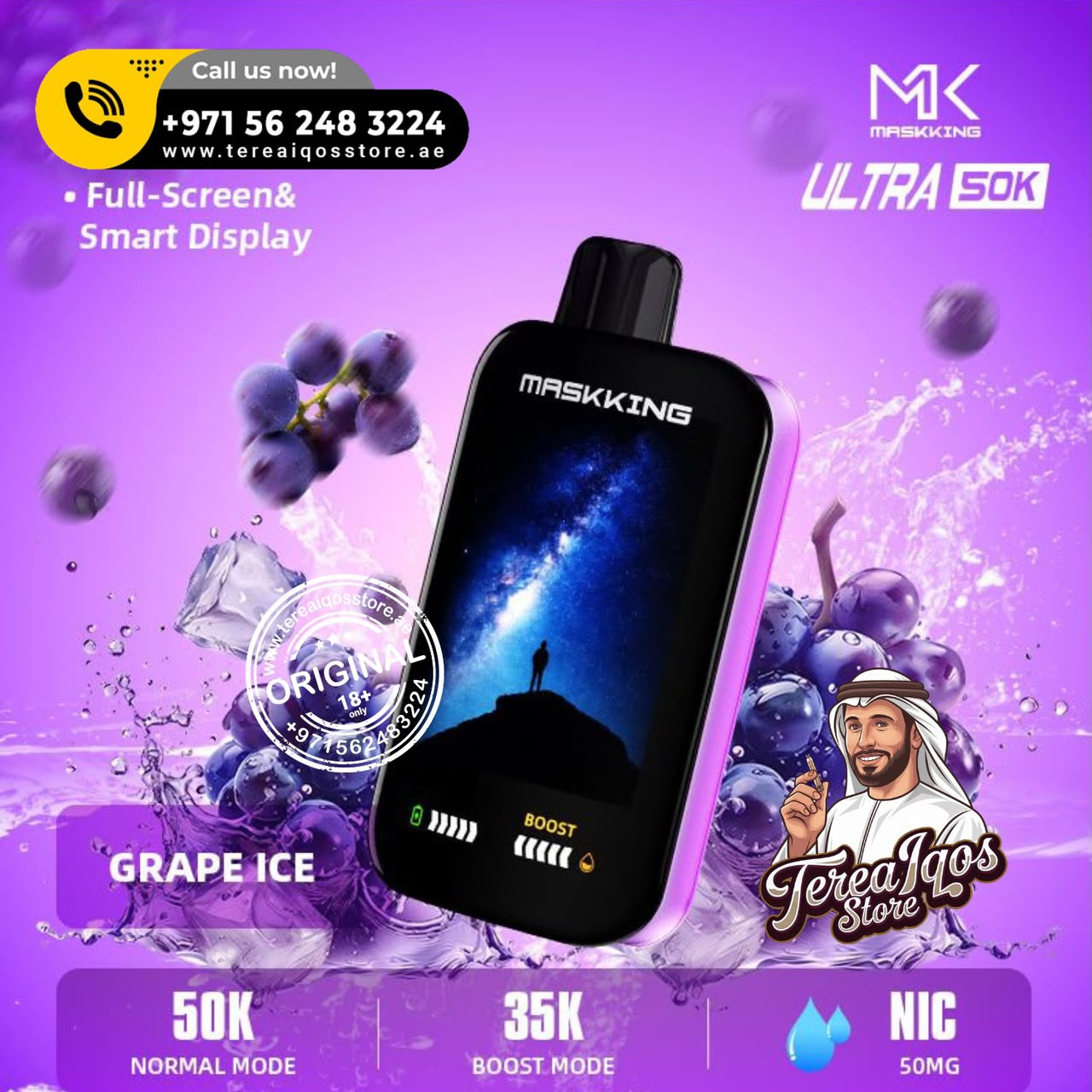 Maskking Ultra 50K disposable vape device in Grape Ice flavor, shown against a purple grape-themed graphic background with water splashes, grapes, and promotional text overlays.
