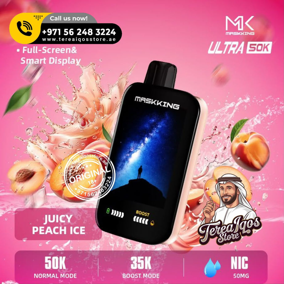 A Maskking Ultra 5000 disposable vape device with a peach-flavored juice display, set against a vibrant pink background with peach graphics, store contact details, and feature highlights.