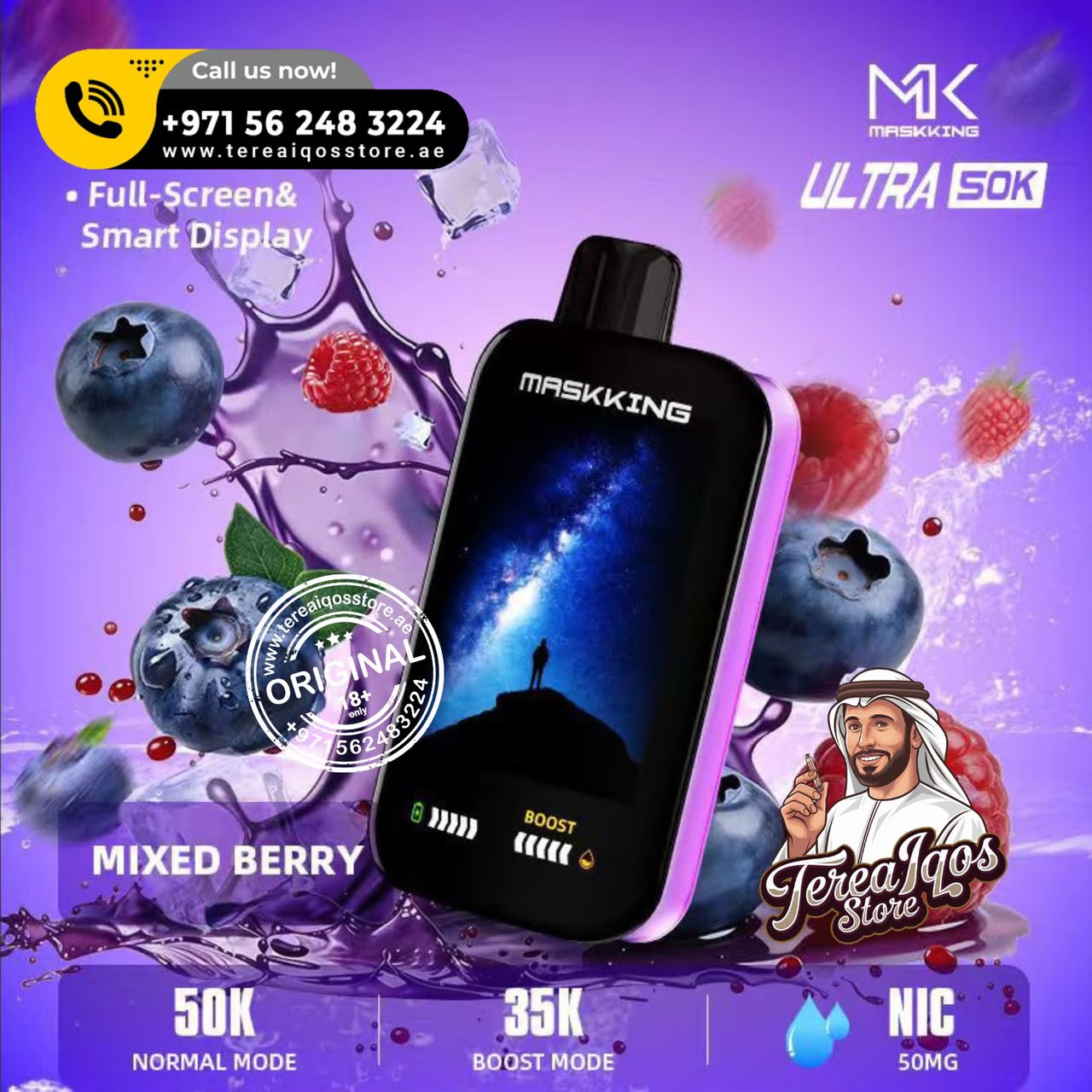 Maskking Ultra 50K disposable vape device in a 'Mixed Berry' flavor, shown against a purple splash background with blueberries, raspberries, and promotional text.