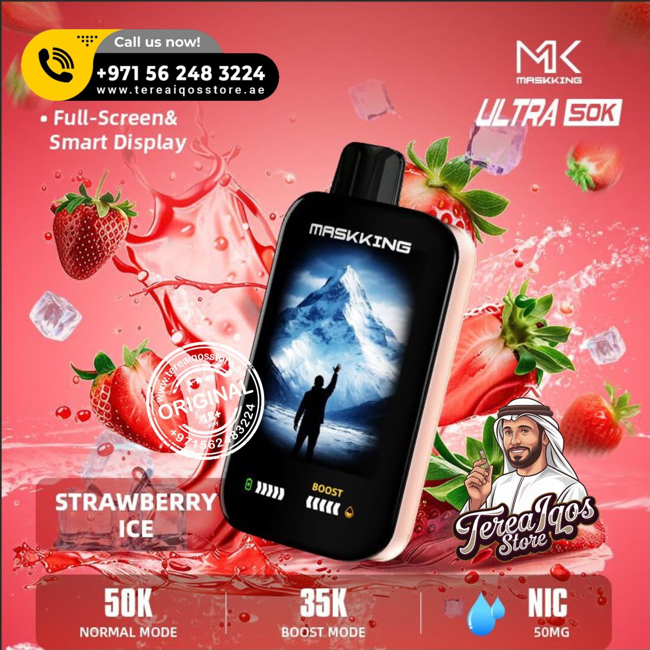 Maskking Ultra 50K disposable vape device in Strawberry Ice flavor, shown against a vibrant pink background with strawberry graphics, ice cubes, and promotional text overlays.