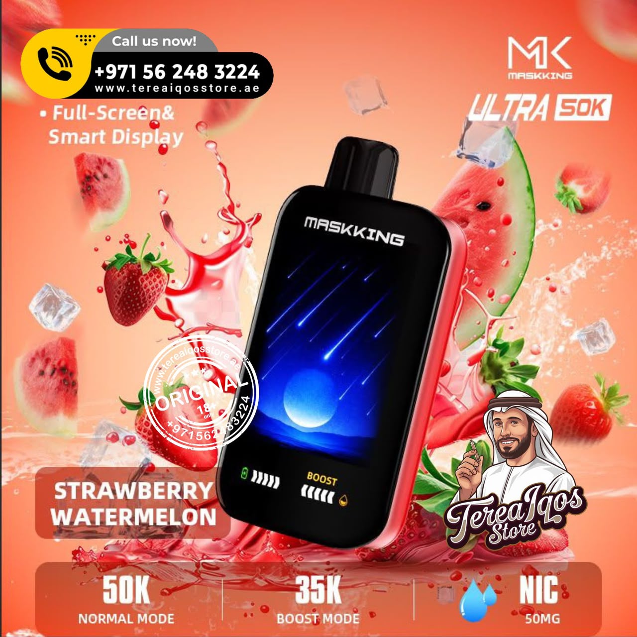 Maskking Ultra 50K Strawberry Watermelon disposable vape device with a black screen and red sides, surrounded by watermelon slices, strawberries, ice cubes, and promotional text on a peach background.