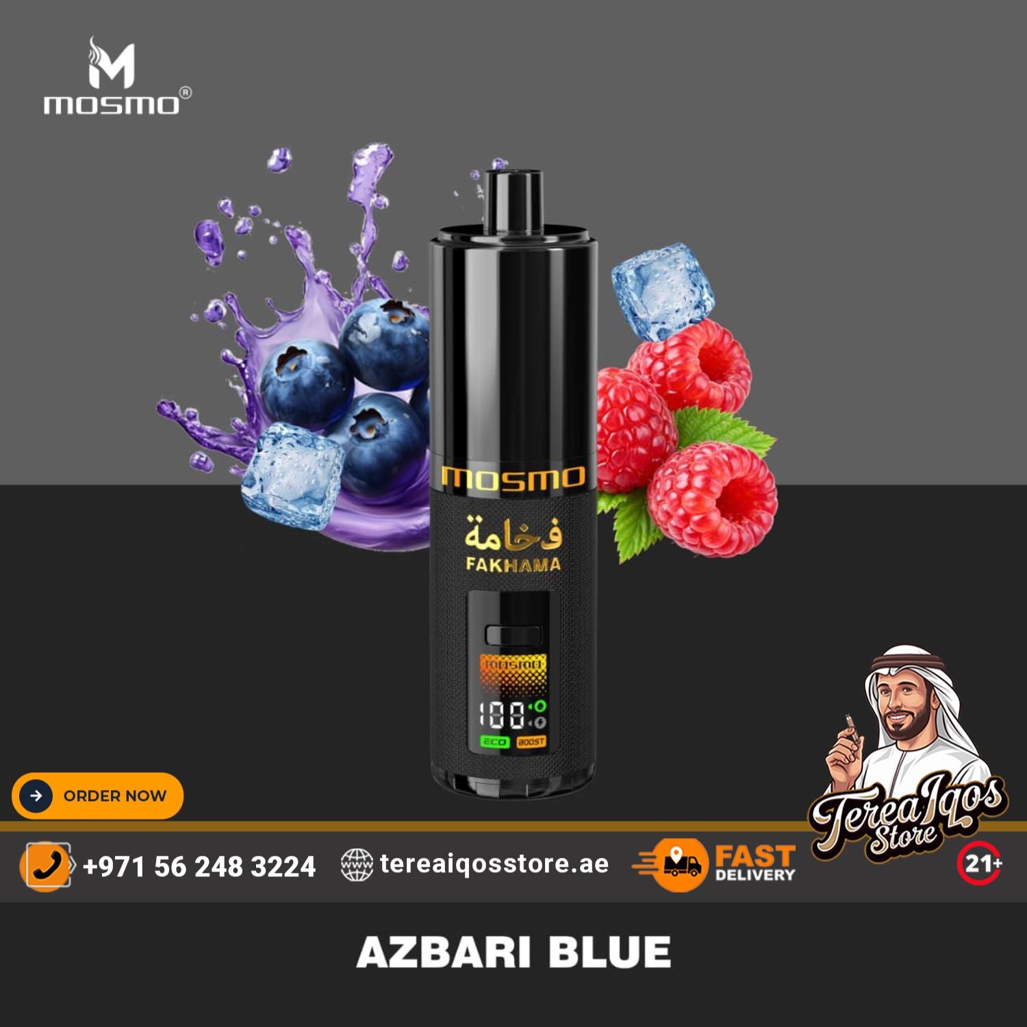 Black vape device with blueberries, raspberries, and ice cubes on a dark background, featuring the Mosmo brand.