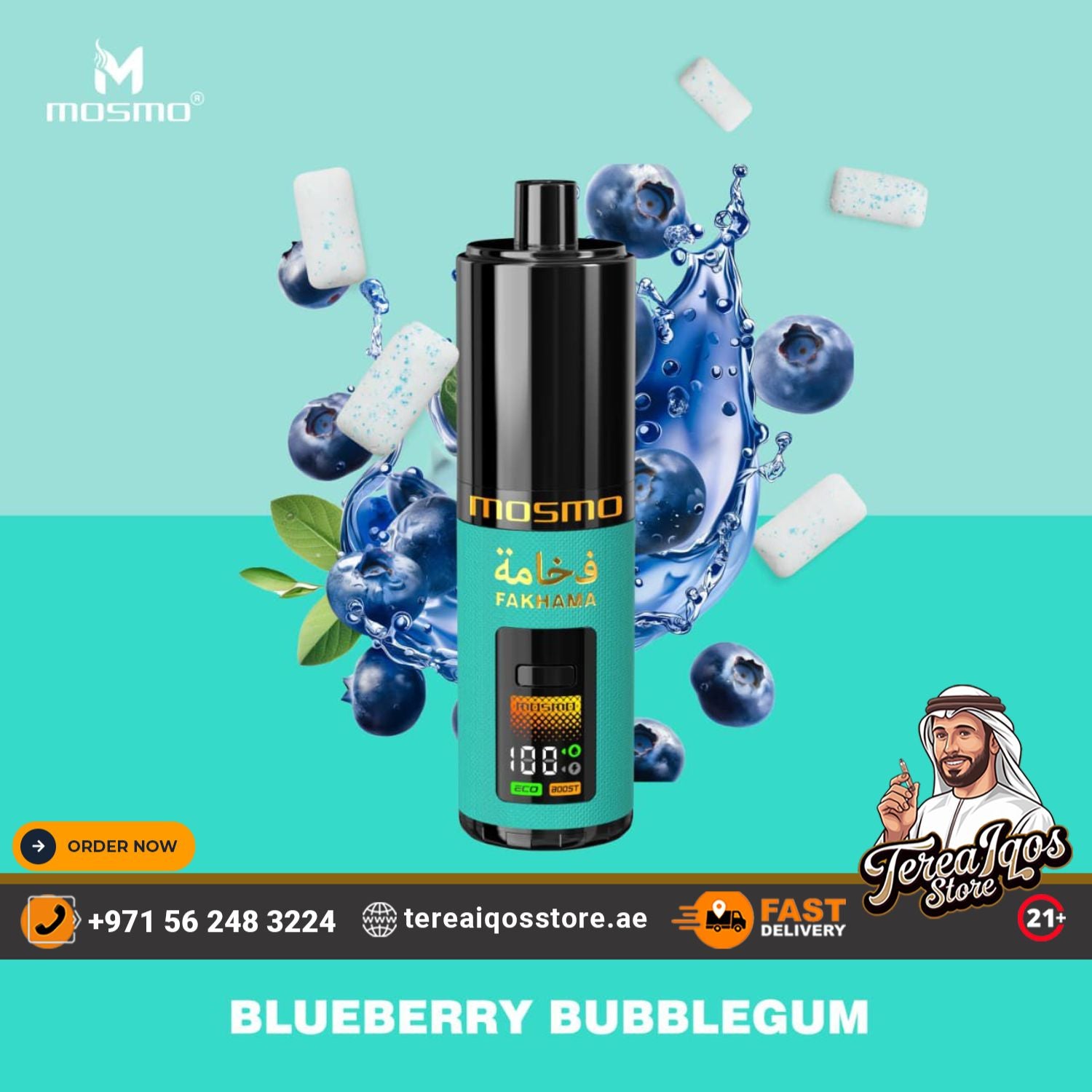 Vape device with blueberries and bubbles on a teal background, featuring Mosmo branding.