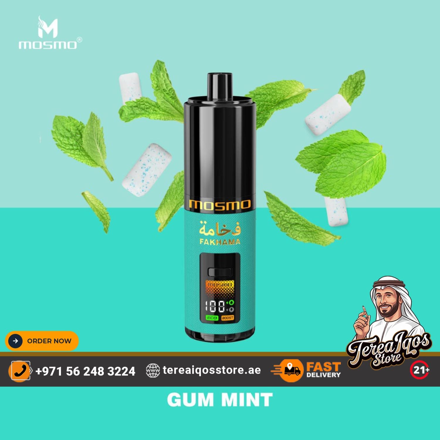 Mosmo vape device with mint leaves on a blue background, featuring Tereiqos Store branding.