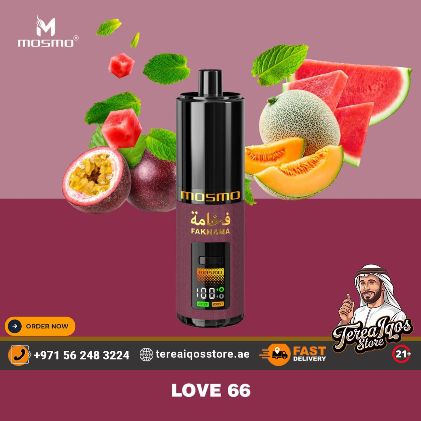 Vape device with fruit graphics and branding on a purple background