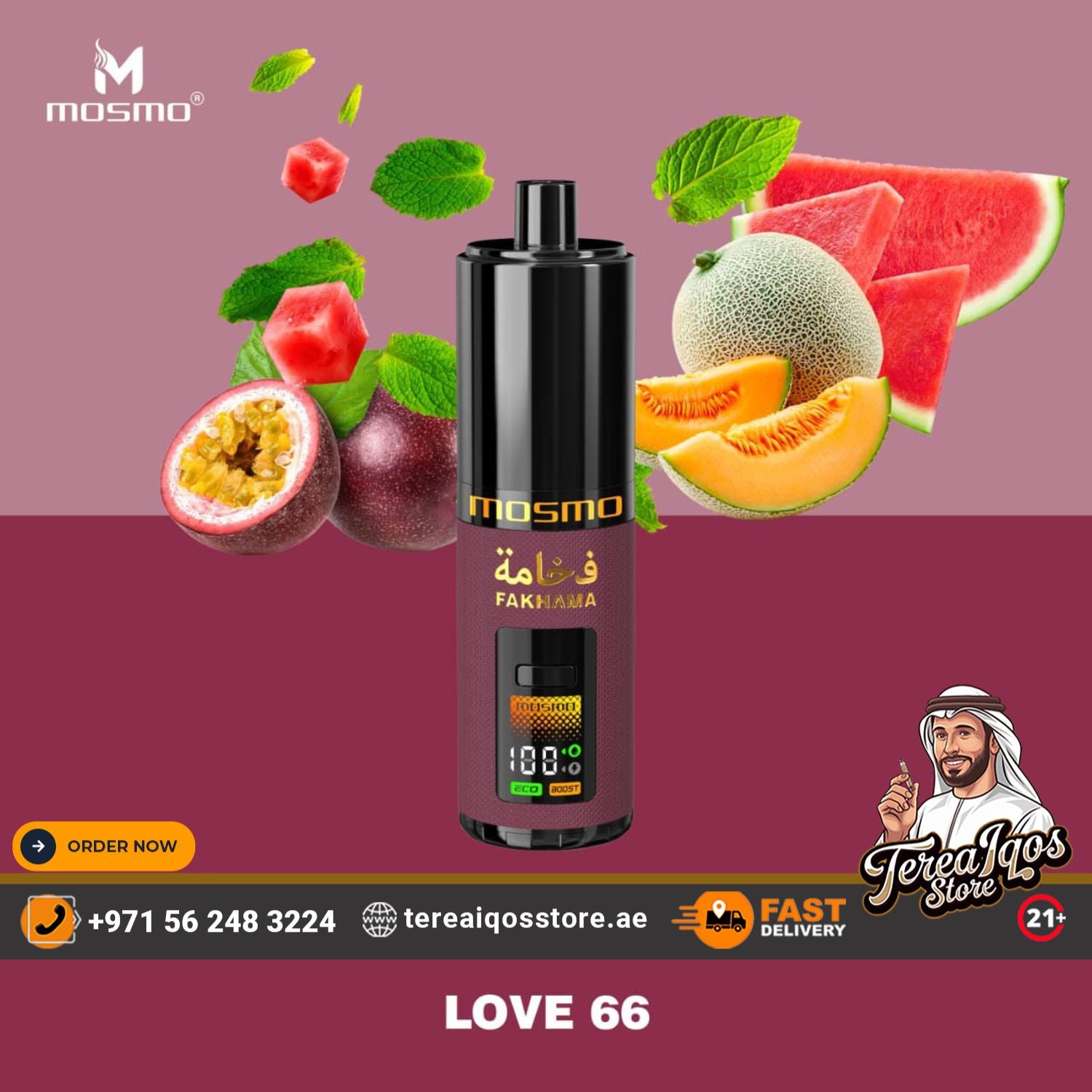Vape device with fruit graphics and branding on a purple background