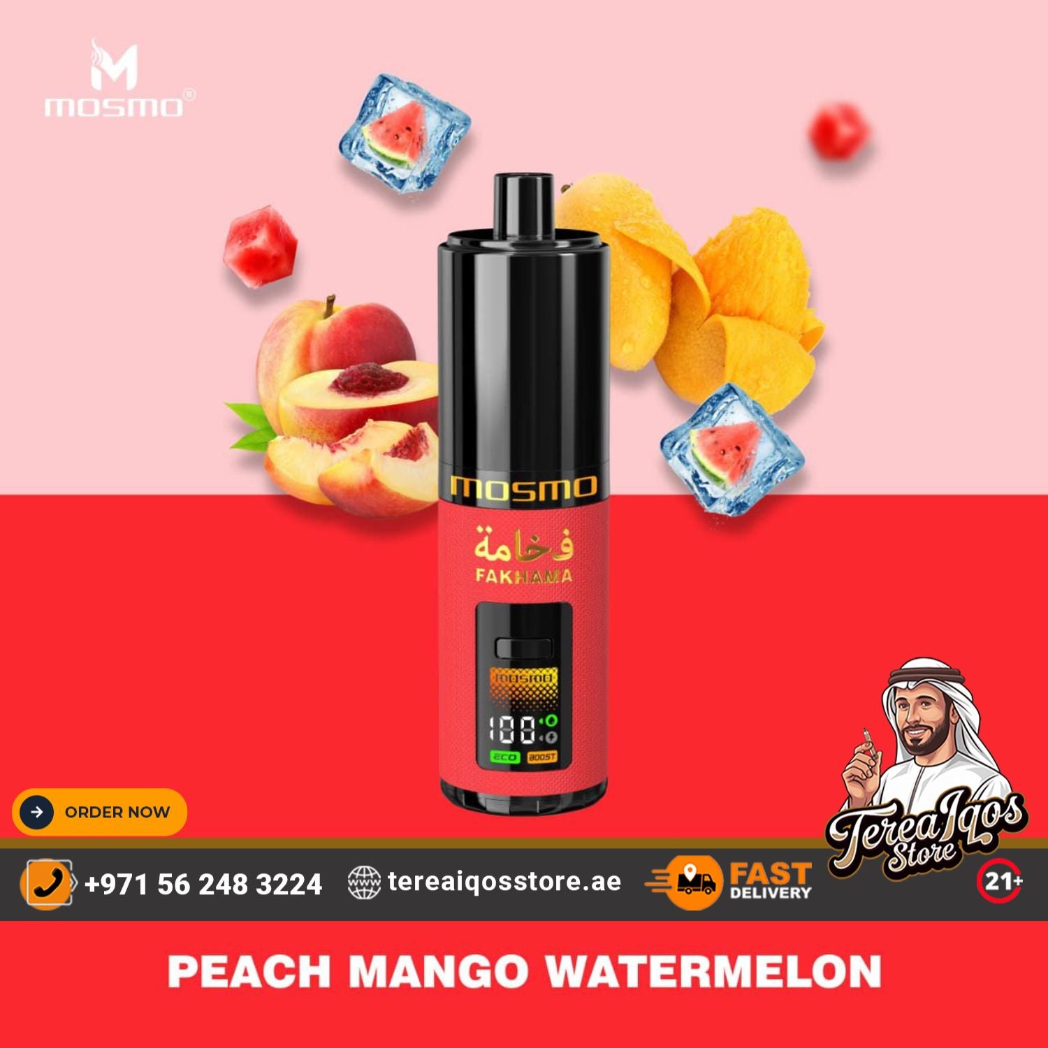 Mosmo vape device with peach, mango, and watermelon graphics on a pink and red background.