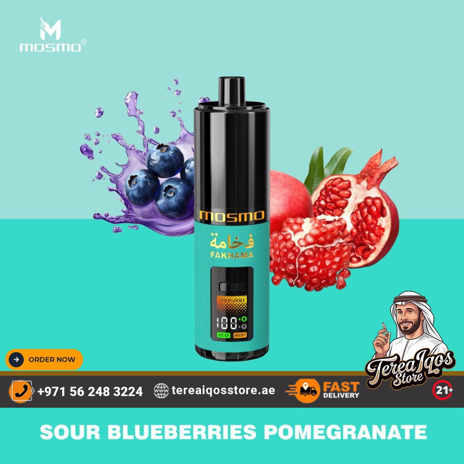 Vape device with blueberries and pomegranate on a teal background, featuring Mosmo branding.