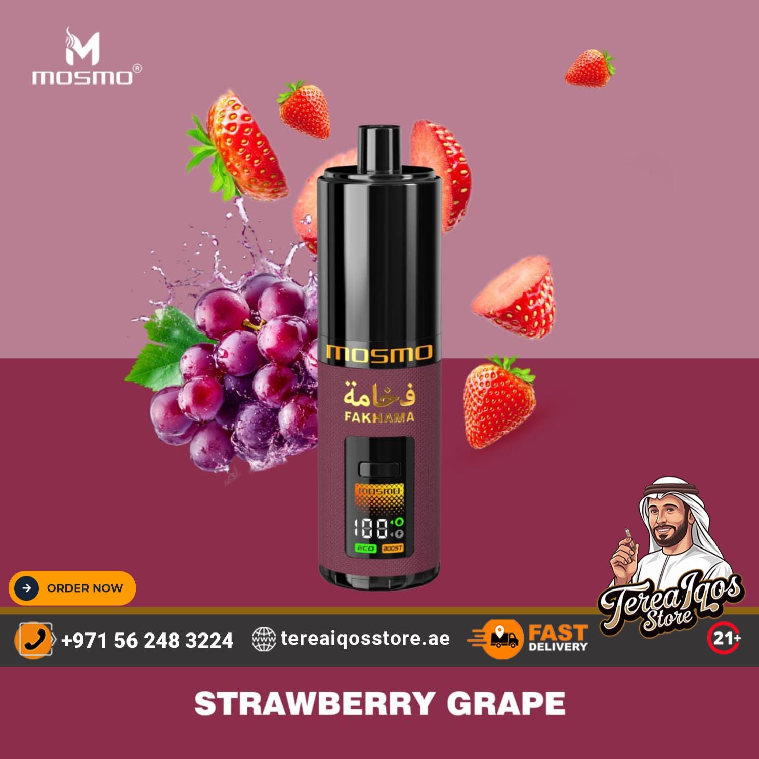 Mosmo vape device with strawberry and grape elements on a purple background, featuring Tereiqos Store branding.