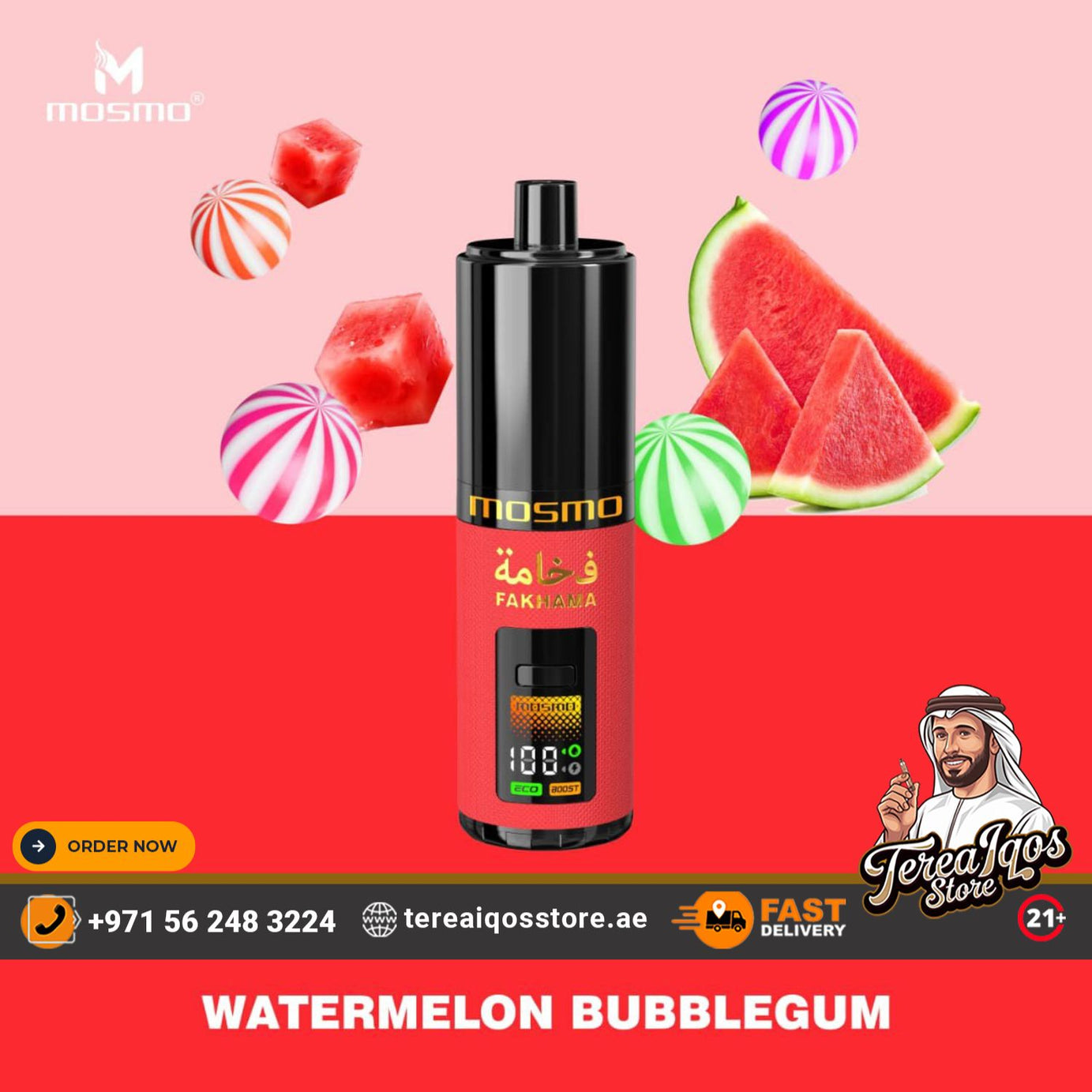 Mosmo vape device with watermelon and bubblegum graphics on a pink and red background