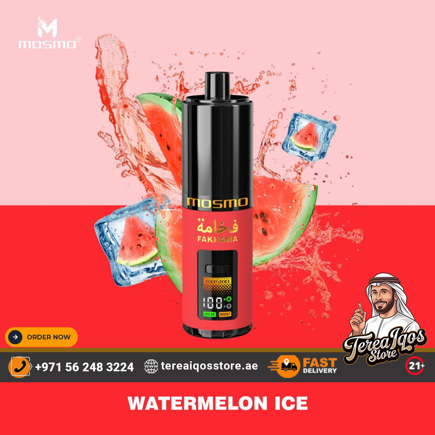 Mosmo vape device with watermelon ice flavor on a colorful background