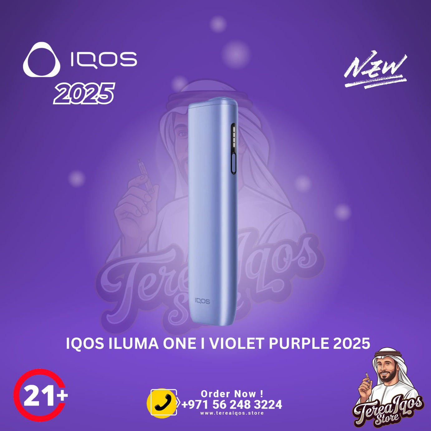 IQOS ILUMA ONE I Violet Purple 2025 device with contact information and IQOS branding 