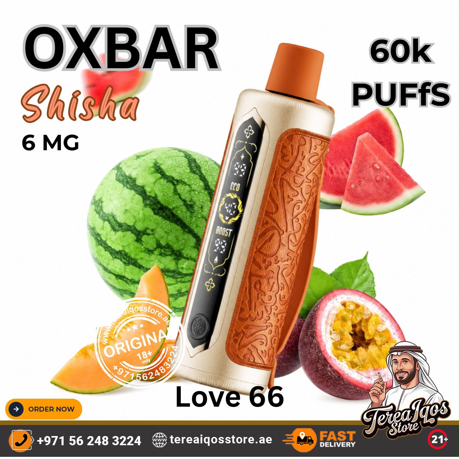 OXBAR Shisha 6 MG disposable vape device shown with watermelon, passion fruit, and cantaloupe graphics, with text reading 'OXBAR Shisha 6 MG', '60k Puffs', and 'Love 66'.
