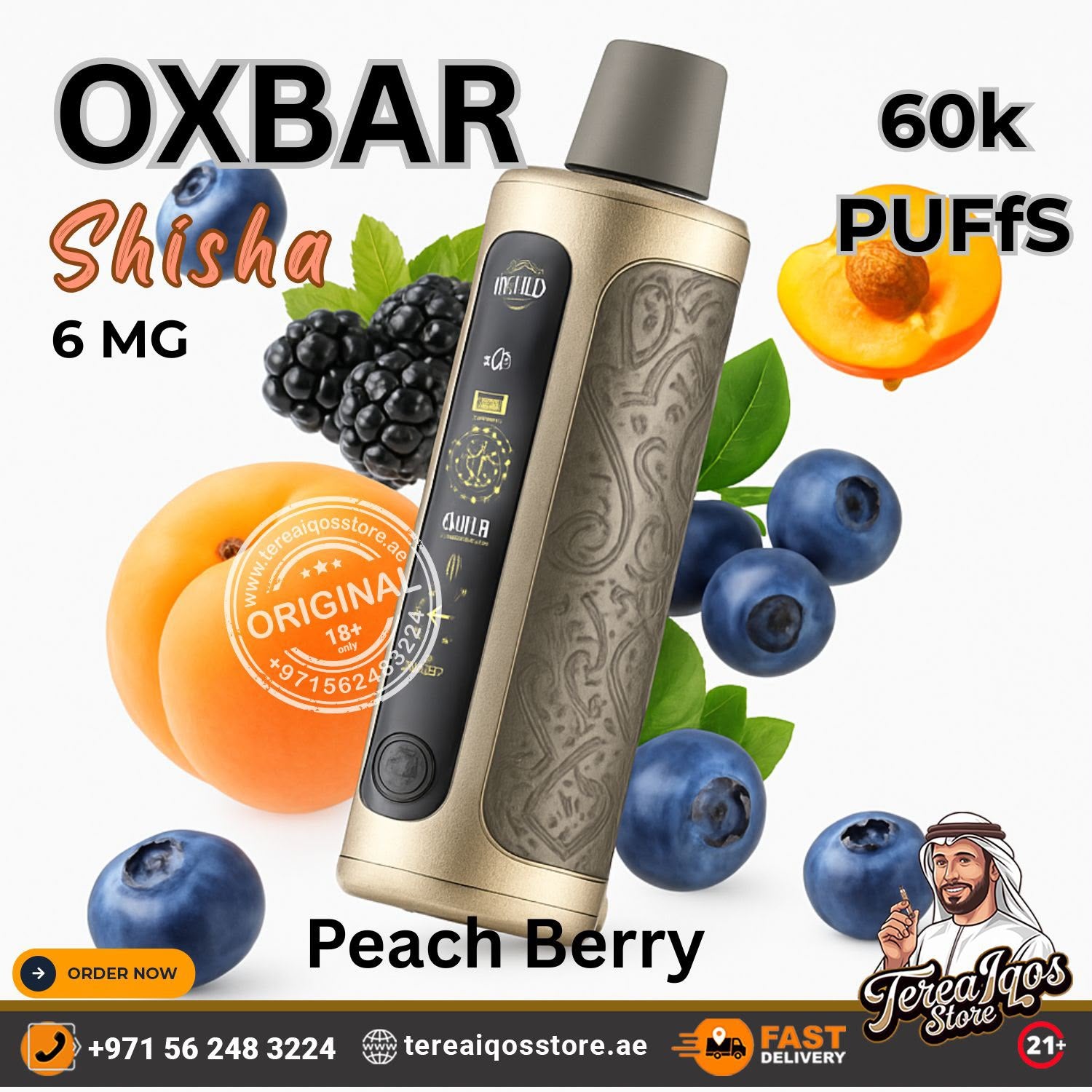 OXBAR Shisha 6 MG Peach Berry disposable vape device shown with peach, blueberry, and blackberry graphics, along with promotional text and store branding.