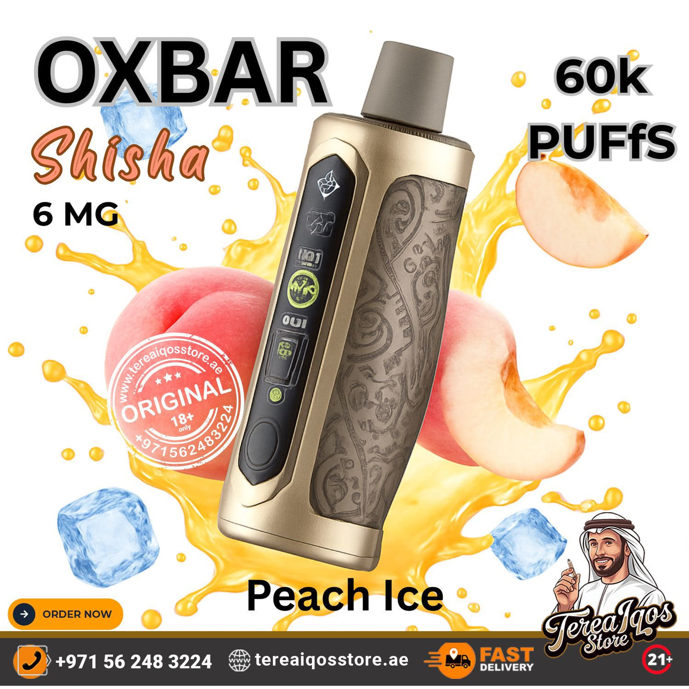 OXBAR Shisha 6 MG Peach Ice vape device with a gold and gray paisley pattern, surrounded by peach slices, ice cubes, and a peach juice splash on a white background with promotional text and store logos.