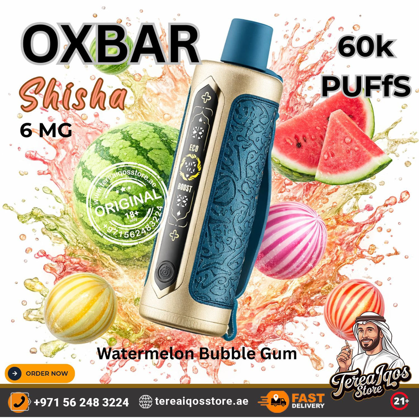 Oxbar Shisha 6 MG Watermelon Bubble Gum disposable vape device shown against a dynamic watermelon splash background, with promotional text overlays and store branding.