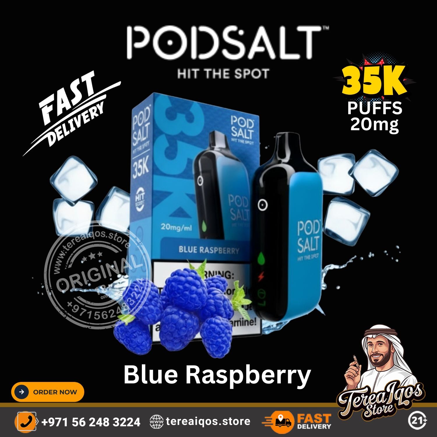 Pod Salt Blue Raspberry vape device and packaging.