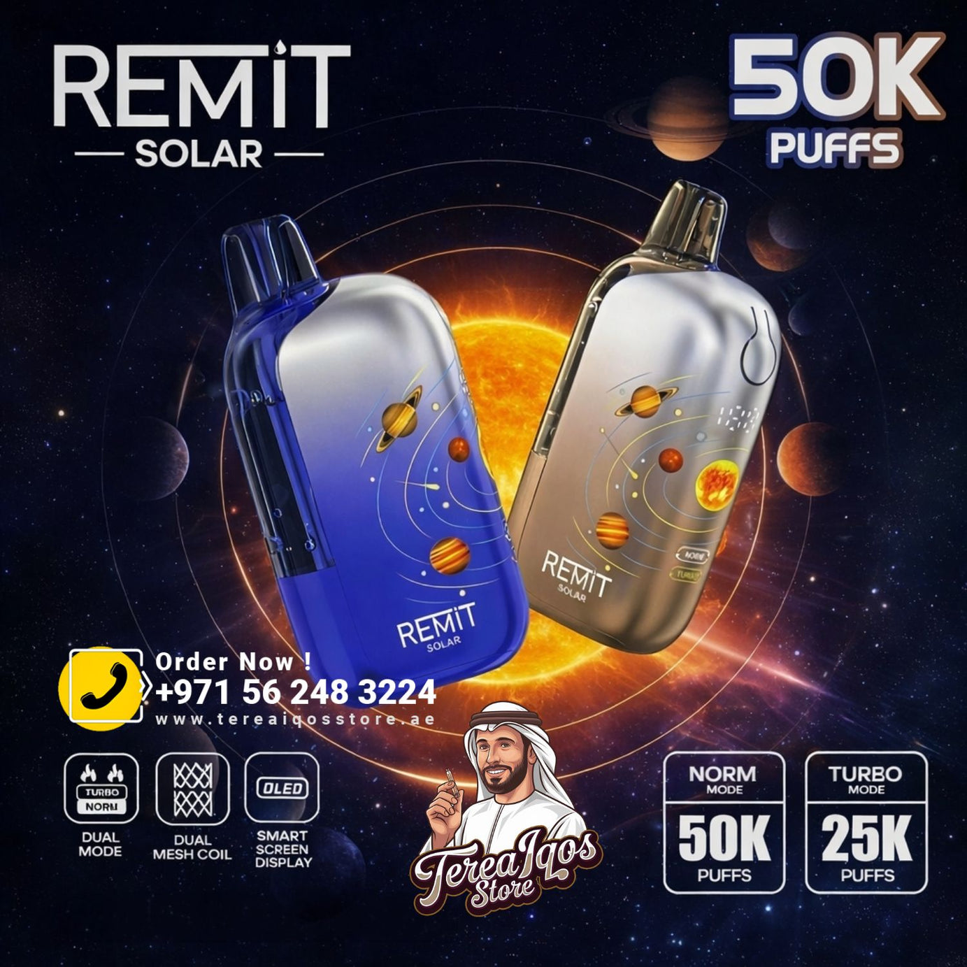 REMiT Solar vape devices with space-themed background and contact information.