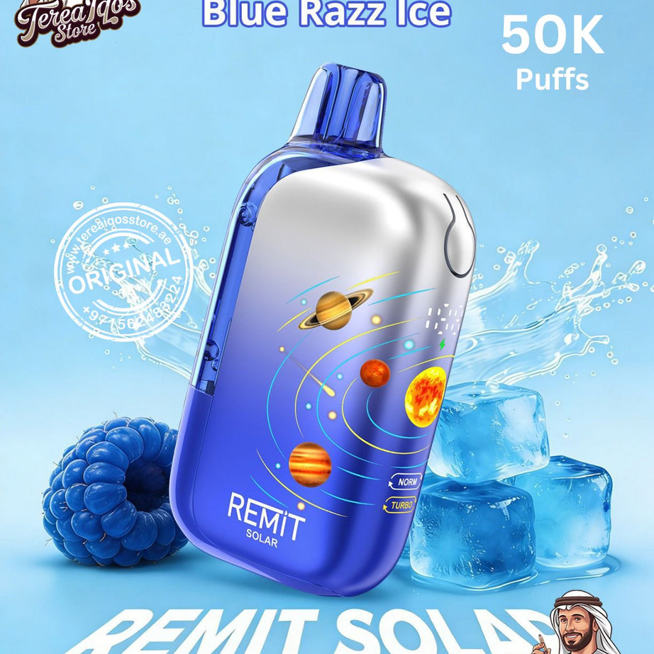 REMIT Solar vape device with blue razz ice flavor on a light blue background