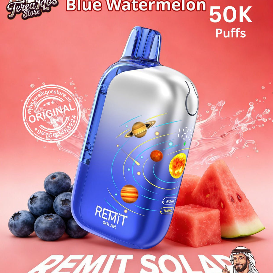 Blue watermelon-flavored vape device with REMIT branding on a pink background
