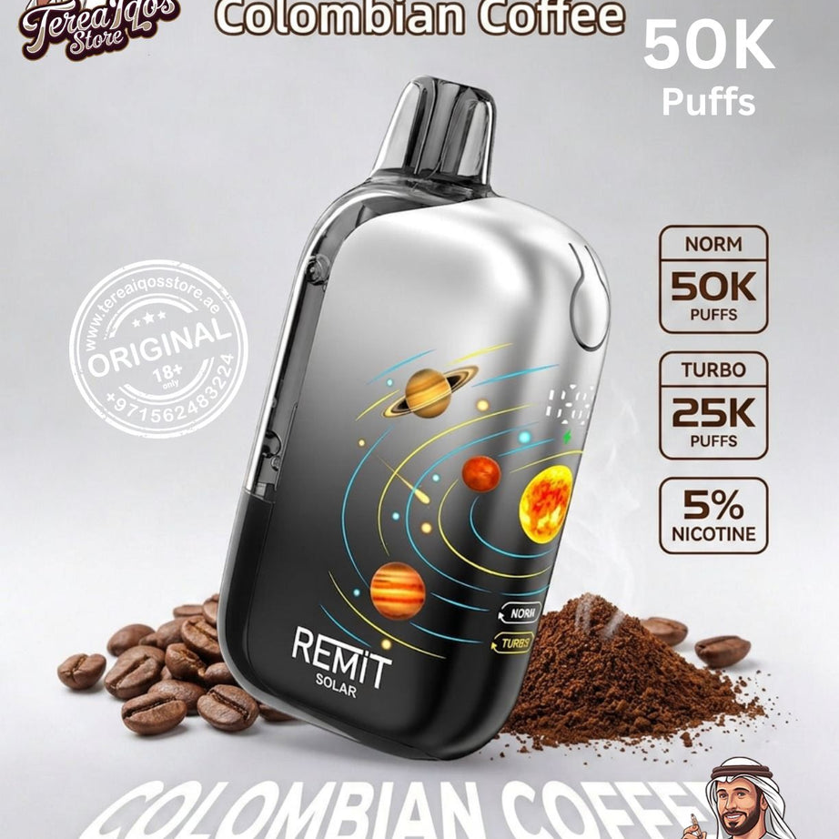 REMiT Solar vape device with coffee beans andREMiT branding on a gray background