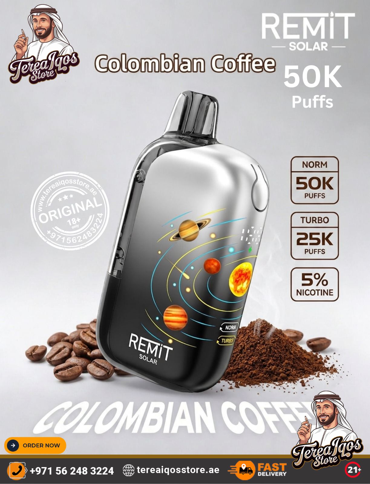 REMiT Solar vape device with coffee beans andREMiT branding on a gray background