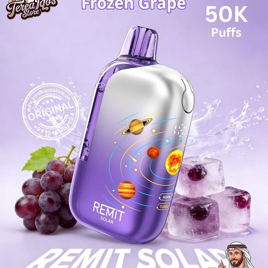 Purple vape device with frozen grape flavor on a light purple background, featuring REMIT Solar branding.