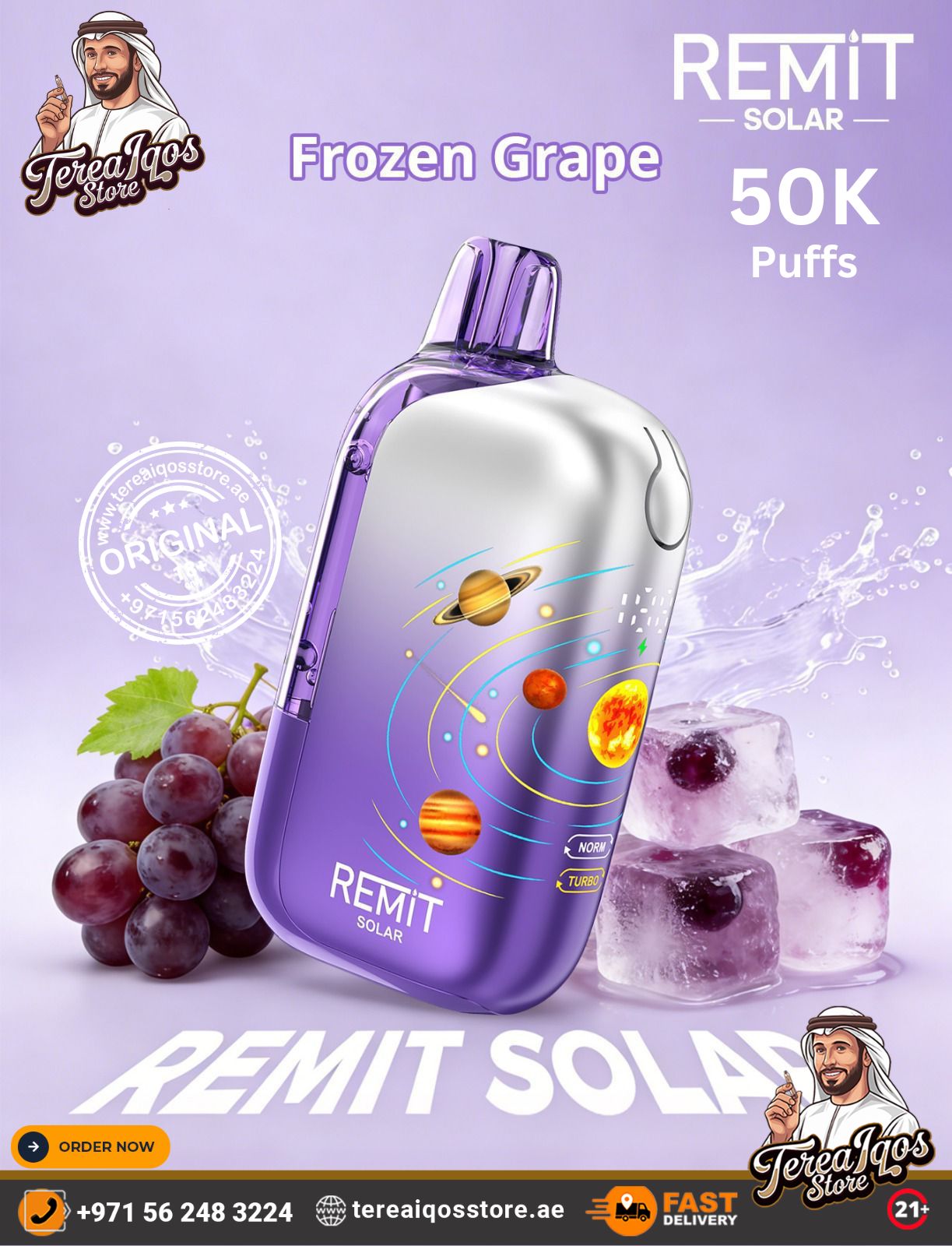 Purple vape device with frozen grape flavor on a light purple background, featuring REMIT Solar branding.