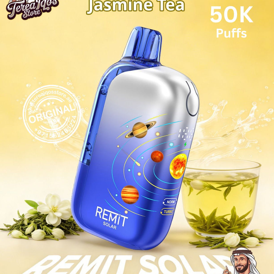 Blue REMIT SOLAR vape device with a glass of green tea and jasmine flowers on a yellow background.