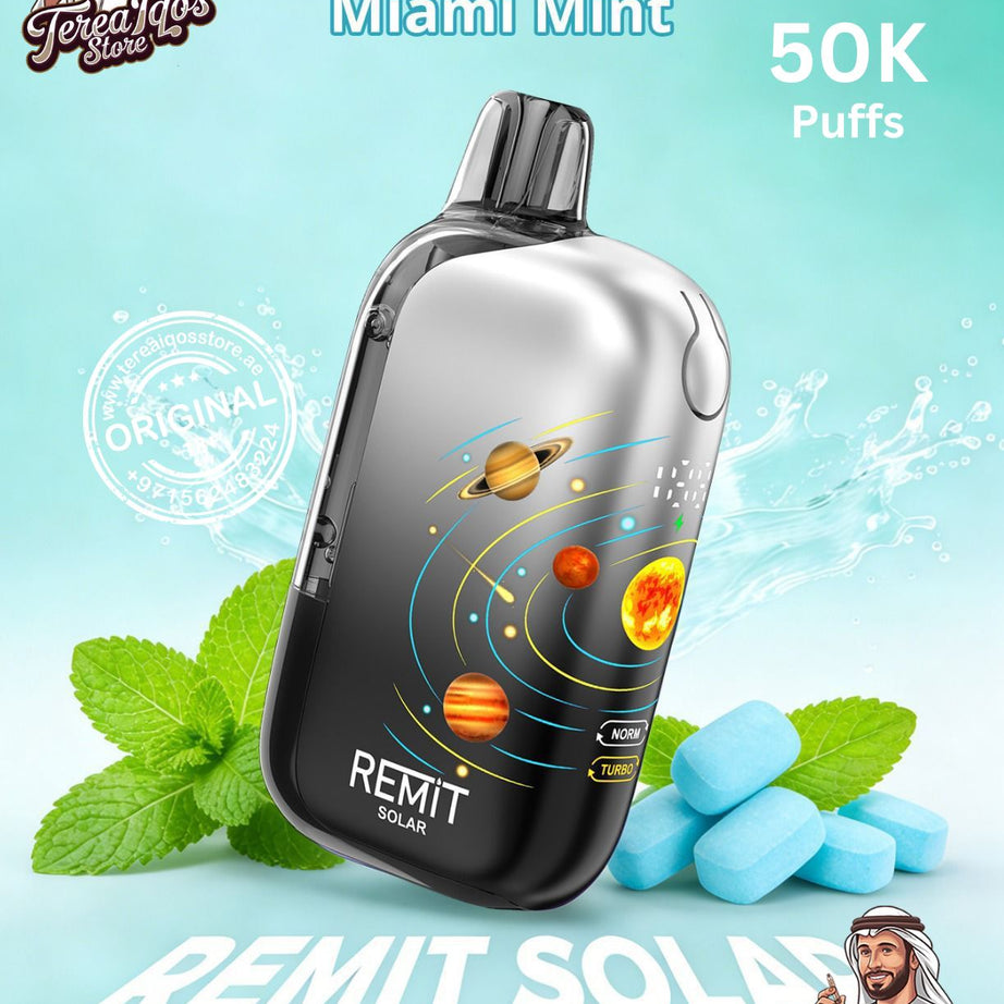REMIT Solar vape device with mint theme on a light blue background
