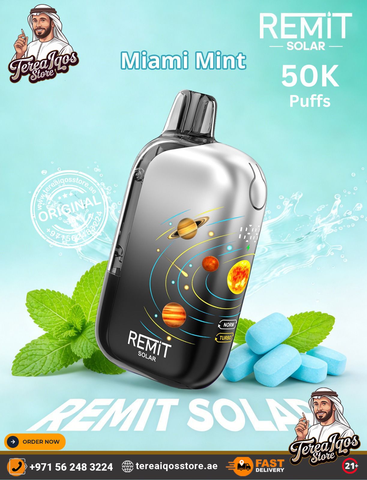 REMIT Solar vape device with mint theme on a light blue background