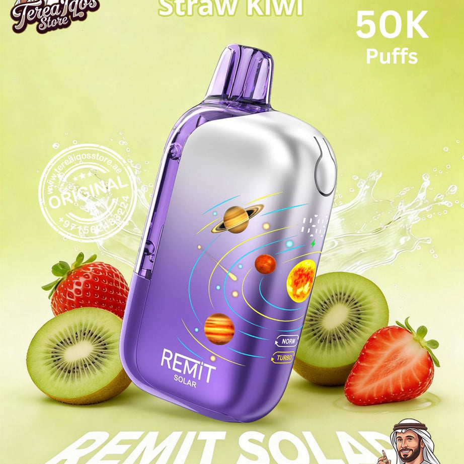 Purple vape device with kiwi and strawberry on a green background, featuring REMIT Solar branding.