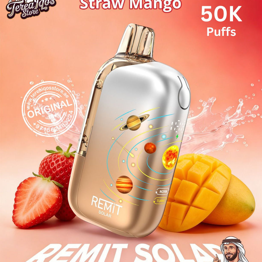 REMIT Solar vape device with strawberry and mango on a pink background