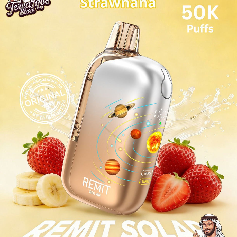 REMIT Solar vape device with strawberries and bananas on a yellow background